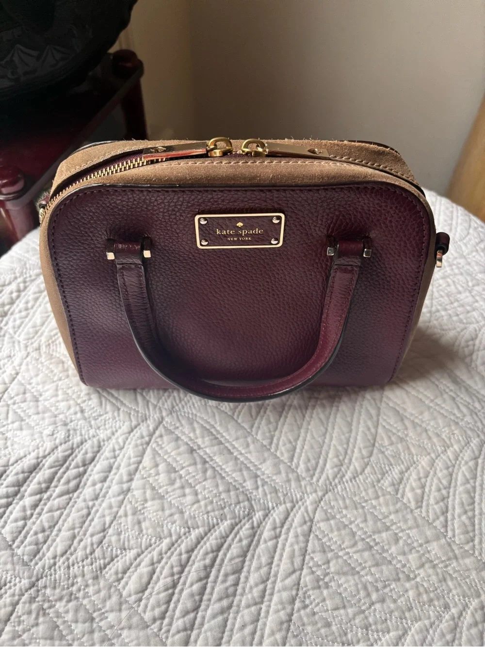 kate spade Burgundy and Beige Leather Dome Satchel with Removable Strap